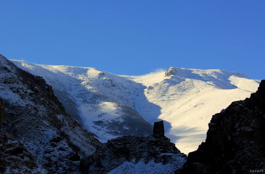 Mountain landscape and beautiful view in Khazbegi, Georgia