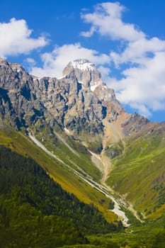 Mountain landscape of Ushba peak and beautiful view in Georgia