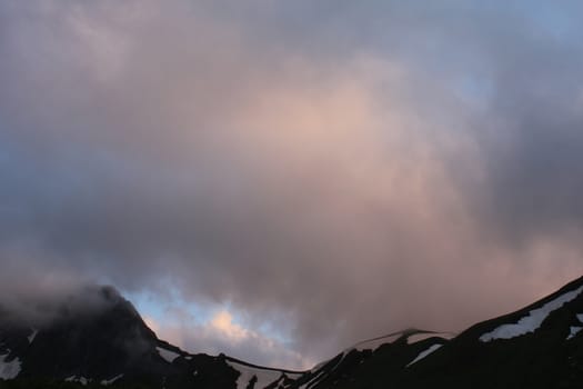 Mountain cloudscape and landscape in Georgia. Horizon in mountain range.