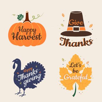 Set of Thanksgiving Vector Calligraphic Illustrations typography banner. Text with maple leaf, turkey, piligrim hat, pumpkin background for postcard, icon or badge, label, stickers fall holiday quotes