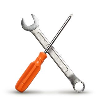 Realistic DIY mechanic hand tools crossed for get the job done concept, isolated on white background