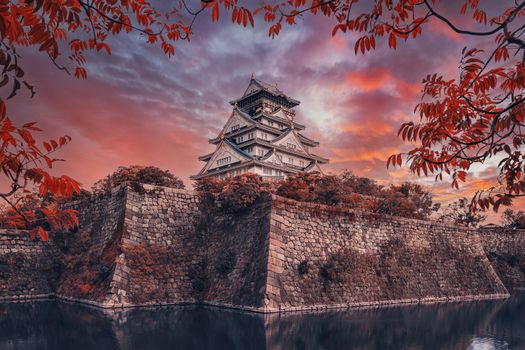 view on Osaka Castle from the garden in autumn, Osaka, Japan