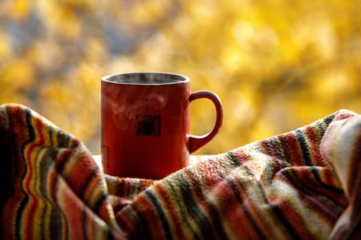 Red coffee cup over autumn background