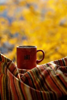 Red coffee cup over autumn background