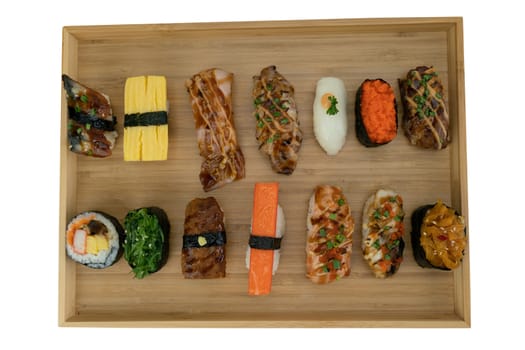Japanese food and top view concept.  Different kinds of sushi on plate