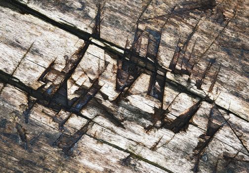 abstract background or texture detail of old wood with notches on axes