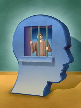 People trapped inside its own mind. Digital illustration.