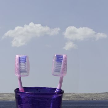 a pair of toothbrushes covered in a glass