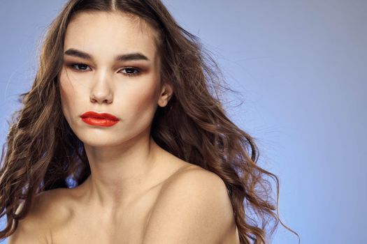 Woman fashionable hairstyle bared shoulders attractive view luxury model student. High quality photo
