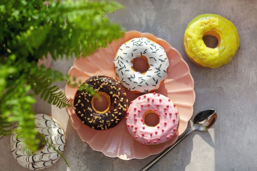 Sweet and fresh colored different donuts with chocolate frosted, glazed and sprinkles, icing topping on pink plate on concrete background.