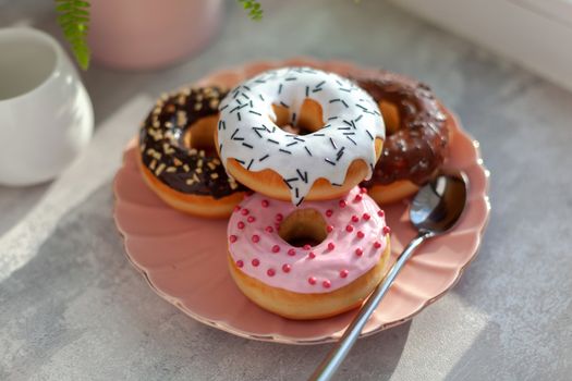 Sweet and fresh colored different donuts with chocolate frosted, glazed and sprinkles, icing topping on pink plate on concrete background.