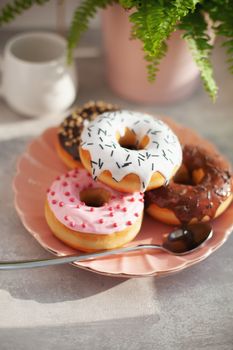 Sweet and fresh colored different donuts with chocolate frosted, glazed and sprinkles, icing topping on pink plate on concrete background.