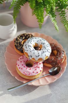 Sweet and fresh colored different donuts with chocolate frosted, glazed and sprinkles, icing topping on pink plate on concrete background.