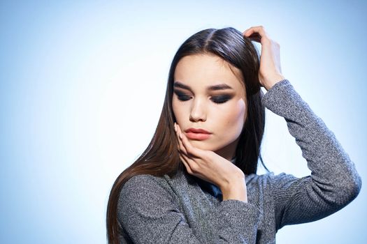 beautiful woman bright makeup gray jacket attractive look luxury model studio. High quality photo