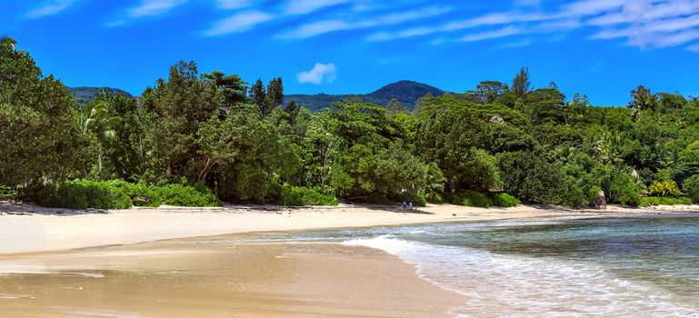 Stunning high resolution beach panorama taken on the paradise islands Seychelles.