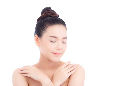 Portrait of beautiful asian woman makeup of cosmetic, girl touch  shoulder and smile attractive, face of beauty perfect with wellness isolated on white background with skin healthcare concept.