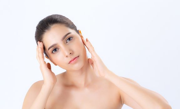 Portrait of beautiful woman asian makeup of cosmetic, girl hand touch cheek and smile attractive, face of beauty perfect with wellness isolated on white background with skin healthcare concept.