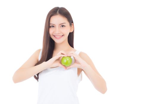 Beautiful of portrait young asian woman smile and holding green apple fruit with heart shape wellness and healthy isolated on white background.