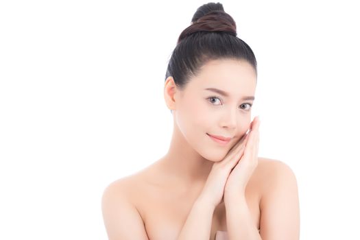 Portrait of beautiful woman asian makeup of cosmetic, girl hand touch cheek and smile attractive, face of beauty perfect with wellness isolated on white background with skin healthcare concept.