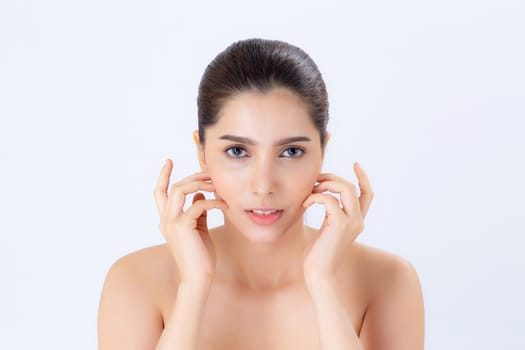 Portrait of beautiful woman makeup of cosmetic, girl hand touch cheek and smile attractive, face of beauty perfect with wellness isolated on white background with skin healthcare concept.