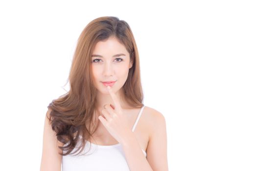 Portrait of beautiful asian woman makeup of cosmetic, girl hand touch mouth and smile attractive, lips beauty perfect with wellness isolated on white background with healthcare concept.
