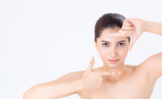Beauty of portrait asian young woman face and eye care with make up, skincare and cosmetic for wellness, girl with gesture frame with hand shape.