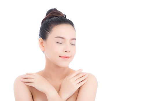 Portrait of beautiful asian woman makeup of cosmetic, girl touch  shoulder and smile attractive, face of beauty perfect with wellness isolated on white background with skin healthcare concept.