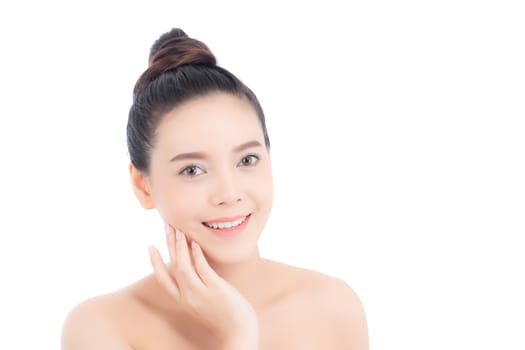 Portrait of beautiful woman asian makeup of cosmetic, girl hand touch cheek and smile attractive, face of beauty perfect with wellness isolated on white background with skin healthcare concept.