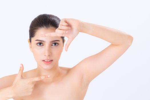 Beauty of portrait asian young woman face and eye care with make up, skincare and cosmetic for wellness, girl with gesture frame with hand shape.