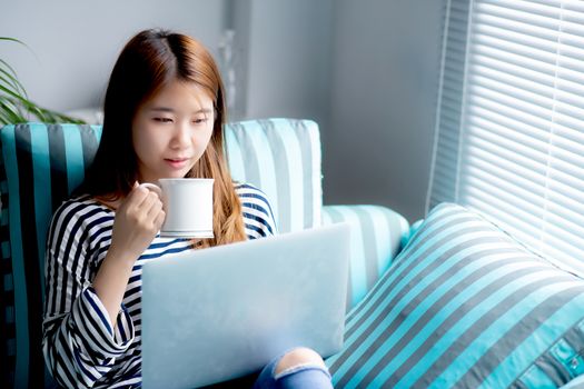 Beautiful of portrait young asian woman sitting use credit card with laptop and drink coffee, Content girl shopping online and payment with notebook computer on sofa, lifestyle concept.
