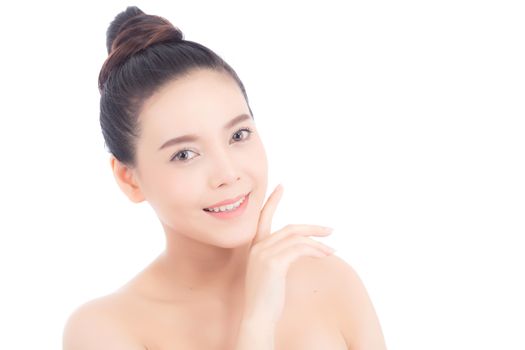 Portrait of beautiful woman asian makeup of cosmetic, girl hand touch cheek and smile attractive, face of beauty perfect with wellness isolated on white background with skin healthcare concept.