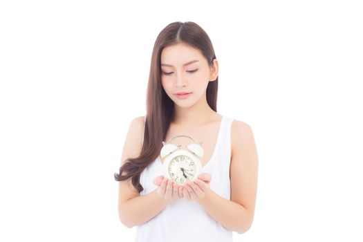 Beautiful asian young woman holding alarm clock, Portrait of woman with wake up, girl with isolated on white background, time with deadline concept.