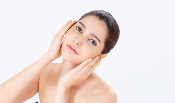 Portrait of beautiful woman asian makeup of cosmetic, girl hand touch cheek and smile attractive, face of beauty perfect with wellness isolated on white background with skin healthcare concept.
