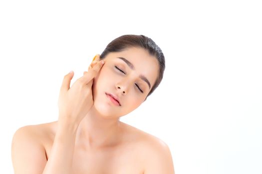 Portrait of beautiful woman asian makeup of cosmetic, girl hand touch cheek and smile attractive, face of beauty perfect with wellness isolated on white background with skin healthcare concept.
