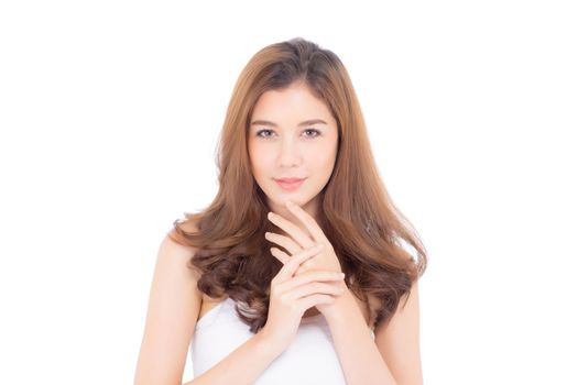 Portrait of beautiful woman asian makeup of cosmetic, girl hand touch chin and smile attractive, face of beauty perfect with wellness isolated on white background with skin healthcare concept.