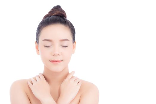 Portrait of beautiful asian woman makeup of cosmetic, girl touch  shoulder and smile attractive, face of beauty perfect with wellness isolated on white background with skin healthcare concept.