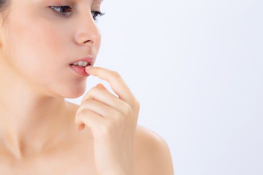 Portrait of beautiful woman asian makeup of cosmetic, girl hand touch mouth and smile attractive, face of beauty perfect with wellness isolated on white background with skin healthcare concept.