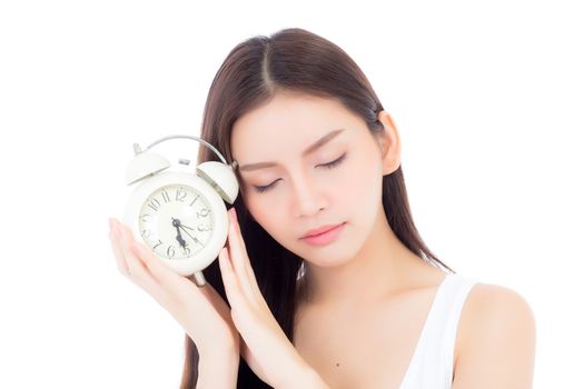 Beautiful asian young woman holding alarm clock, Portrait of woman with wake up, girl with isolated on white background, time with deadline concept.