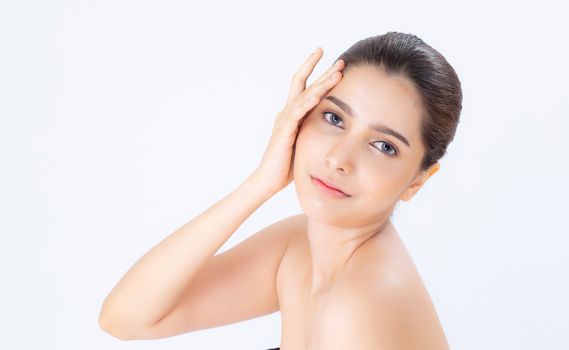 Portrait of beautiful woman asian makeup of cosmetic, girl hand touch cheek and smile attractive, face of beauty perfect with wellness isolated on white background with skin healthcare concept.