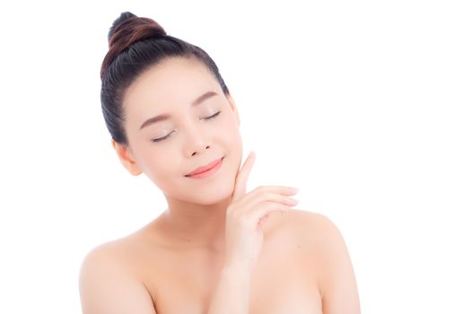 Portrait of beautiful woman asian makeup of cosmetic, girl hand touch cheek and smile attractive, face of beauty perfect with wellness isolated on white background with skin healthcare concept.