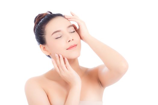 Portrait of beautiful woman asian makeup of cosmetic, girl hand touch cheek and smile attractive, face of beauty perfect with wellness isolated on white background with skin healthcare concept.