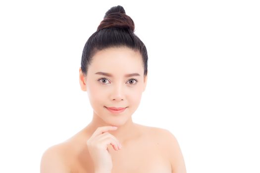 Portrait of beautiful woman asian makeup of cosmetic, girl hand touch chin and smile attractive, face of beauty perfect with wellness isolated on white background with skin healthcare concept.