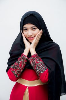 Portrait of beautiful muslim asian woman isolated on white background with happy, girl with islam smile and happy, religion concept.