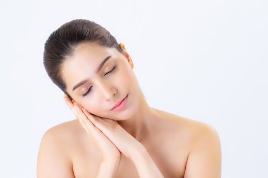 Portrait of beautiful woman asian makeup of cosmetic, girl hand touch cheek and smile attractive, face of beauty perfect with wellness isolated on white background with skin healthcare concept.