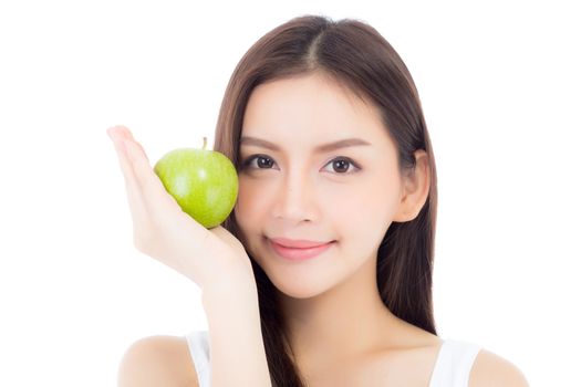 Beautiful of portrait young asian woman smile and holding green apple fruit, girl with wellness and healthy isolated on white background.