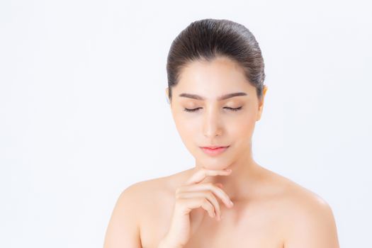 Portrait of beautiful woman asian makeup of cosmetic, girl hand touch chin and smile attractive, face of beauty perfect with wellness isolated on white background with skin healthcare concept.