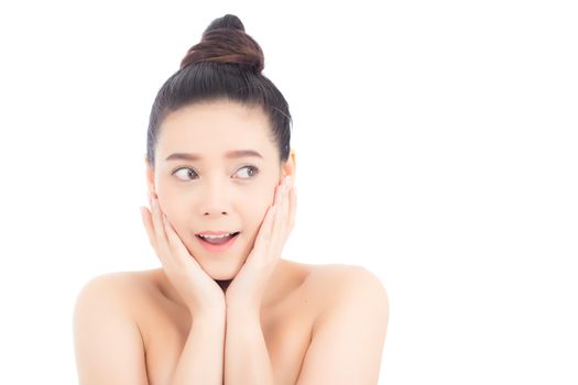 Portrait of asian woman surprise hold cheek with hand, Beautiful girl with presenting your product with excited and surprise isolated on white background, Expressive facial.