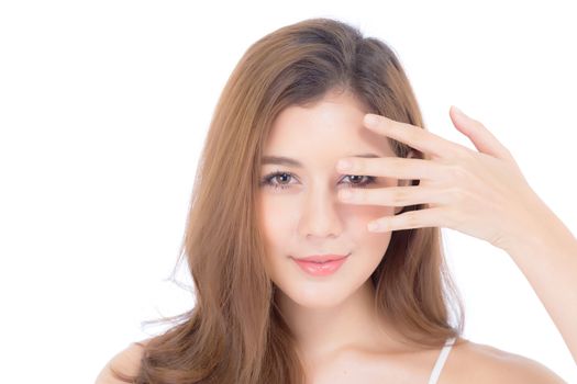 Portrait of beautiful woman makeup of cosmetic, girl hand eye and smile attractive, face of beauty perfect with wellness isolated on white background with skin healthcare concept.