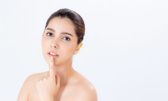 Portrait of beautiful woman asian makeup of cosmetic, girl hand touch lips and mouth and smile attractive, face of beauty perfect with wellness isolated on white background with skin healthcare concept.