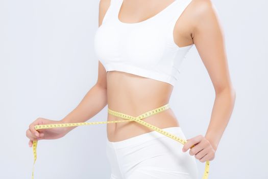 Asian woman diet and slim with measuring waist for weight isolated on white background, girl have cellulite and calories loss with tape measure, health and wellness concept.